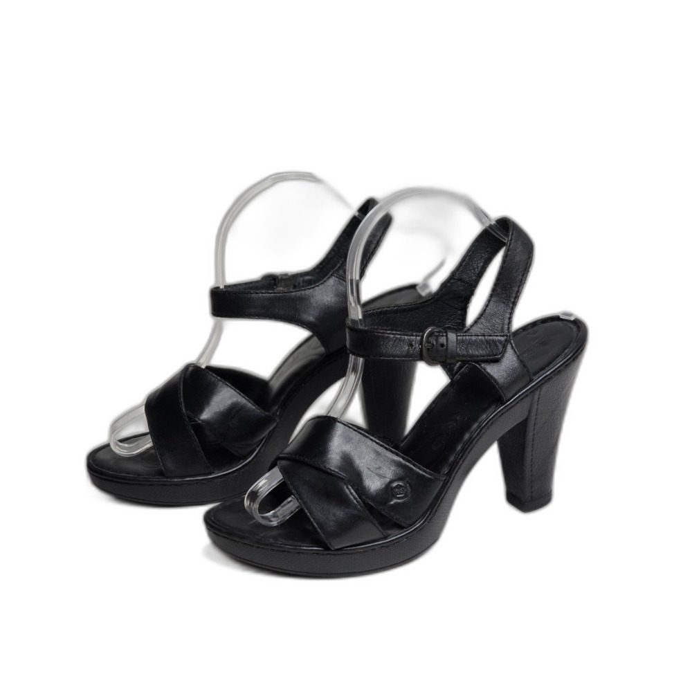 Born Black Leather Platform Sandals Ankle Strap Block Heel Strappy Women's 9